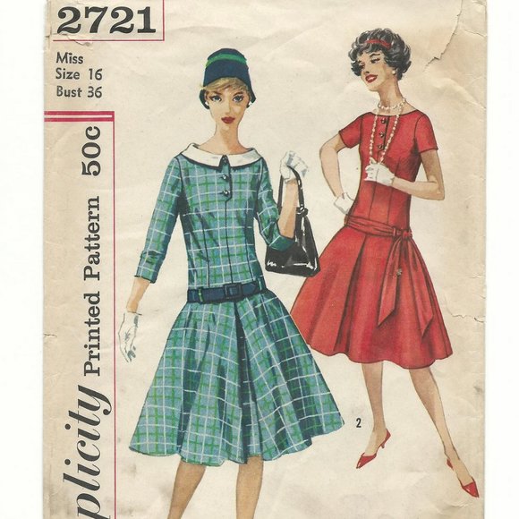 1960s Drop Waist Day Dress Pattern, Simplicity 2721, 36" Bust, Peter Pan Collar - Picture 6 of 8